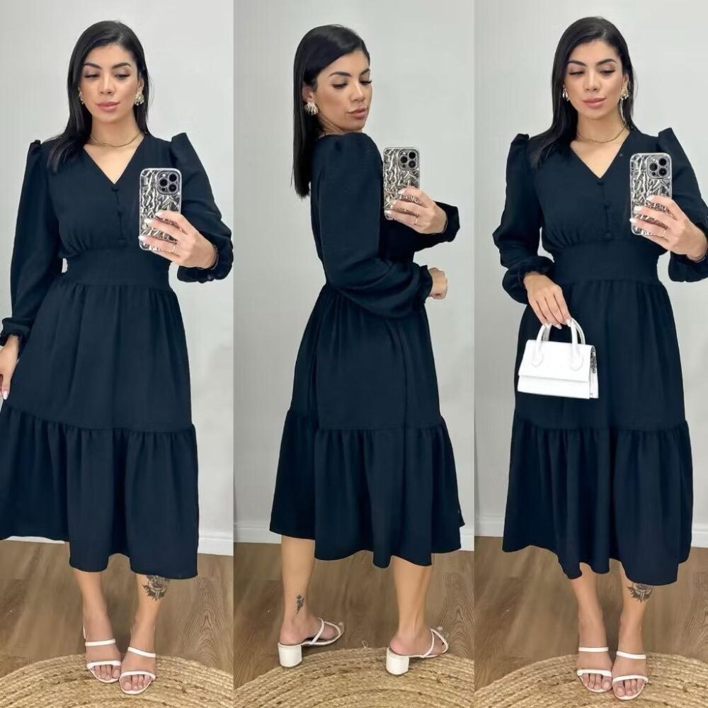 Vestido Midi Liso Feminino com elastex nas costas e com manga longa - IMAGEM m 4