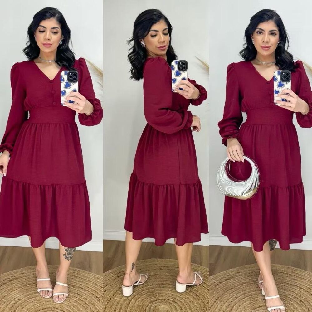 Vestido Midi Liso Feminino com elastex nas costas e com manga longa - IMAGEM m 2