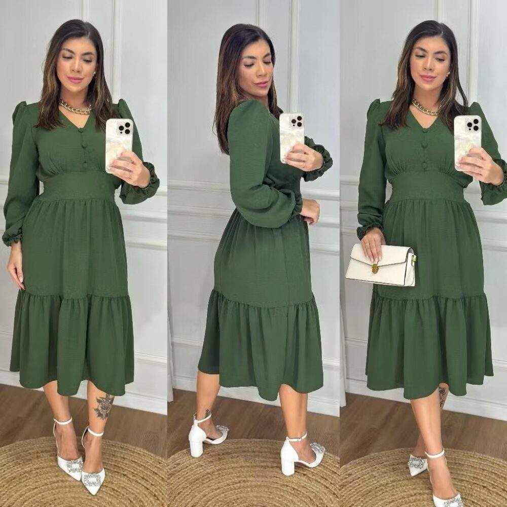 Vestido Midi Liso Feminino com elastex nas costas e com manga longa - IMAGEM m 5