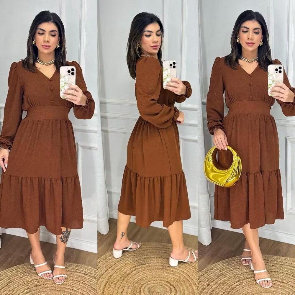 Vestido Midi Liso Feminino com elastex nas costas e com manga longa