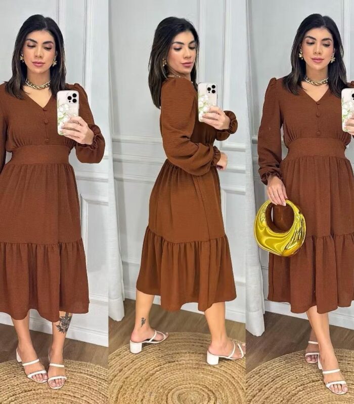 Vestido Midi Liso Feminino com elastex nas costas e com manga longa