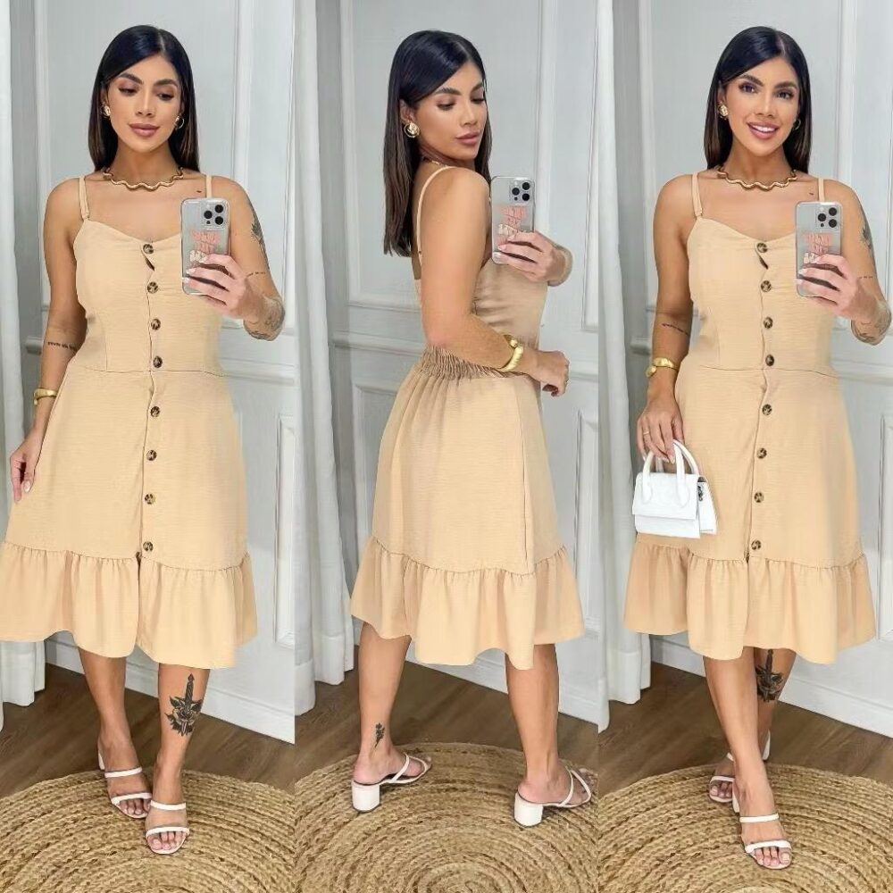 Vestido Feminino Midi Com Botões e Alcinha - IMAGEM m 4