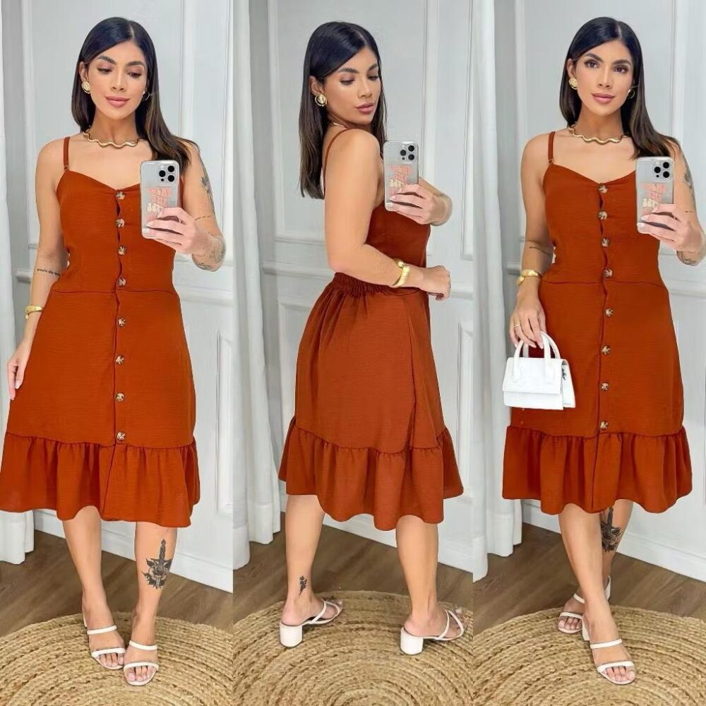 Vestido Feminino Midi Com Botões e Alcinha - IMAGEM m 3