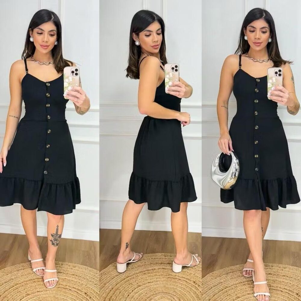 Vestido Feminino Midi Com Botões e Alcinha