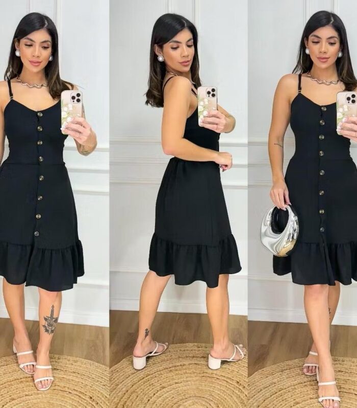 Vestido Feminino Midi Com Botões e Alcinha