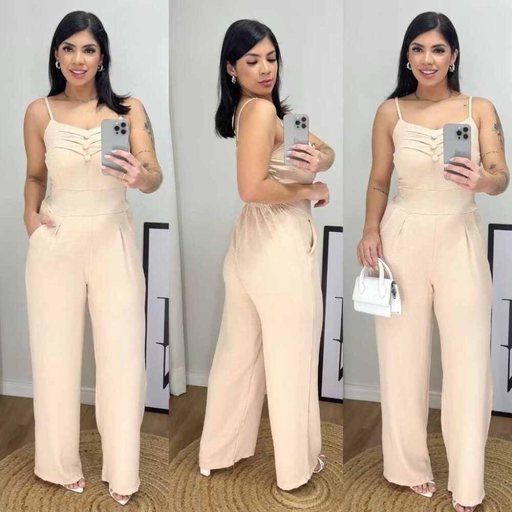 Macacão feminino longo pantalona com elastex nas costas
