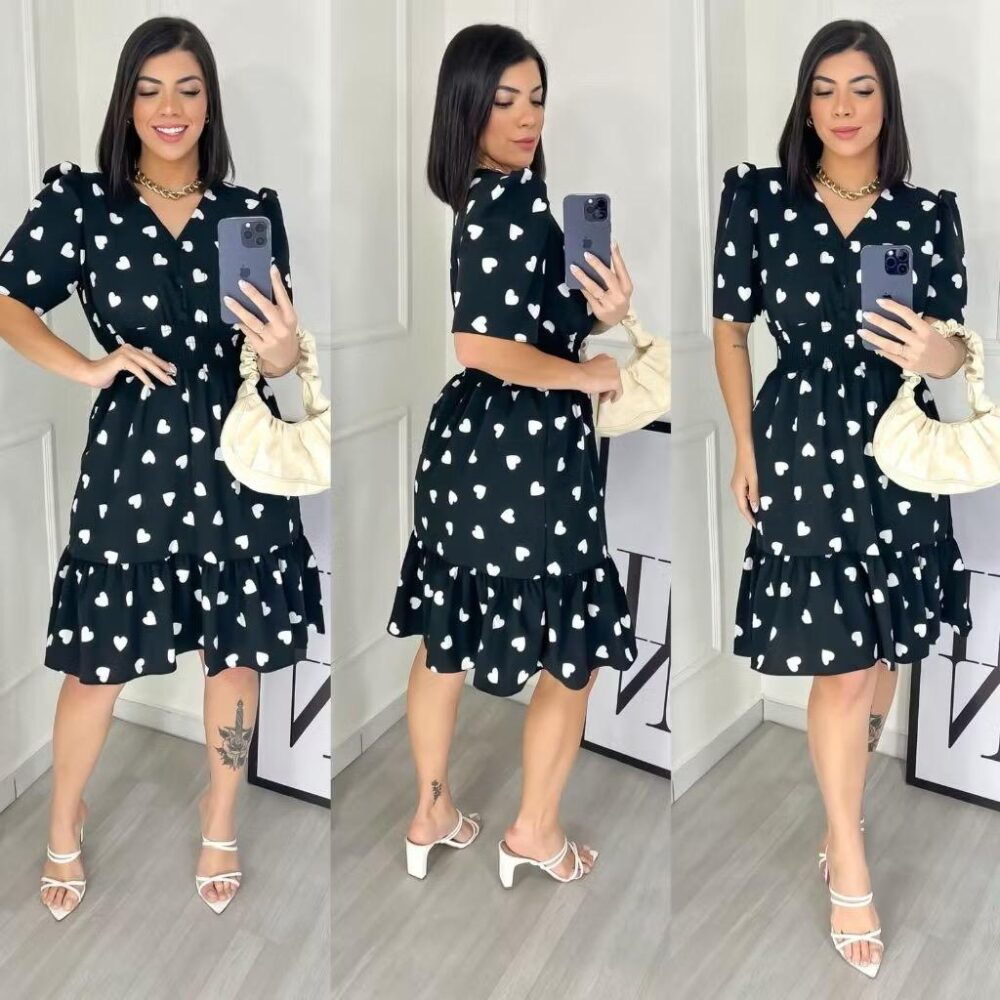 Vestido Feminino Midi Estampado com Elastex / Gola V - IMAGEM m 4