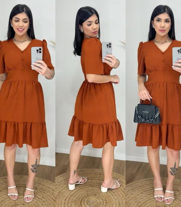 Vestido Feminino Midi Estampado com Elastex / Gola V