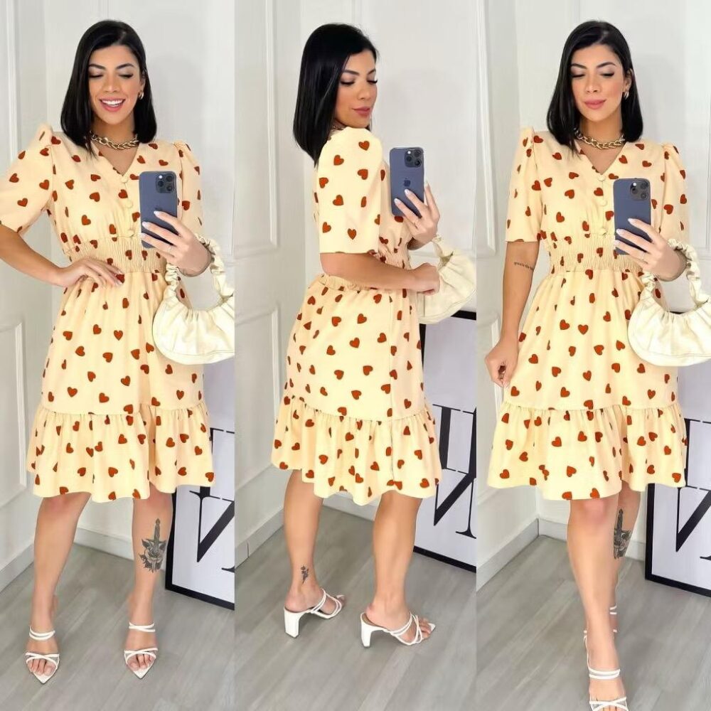 Vestido Feminino Midi Estampado com Elastex / Gola V - IMAGEM m 6