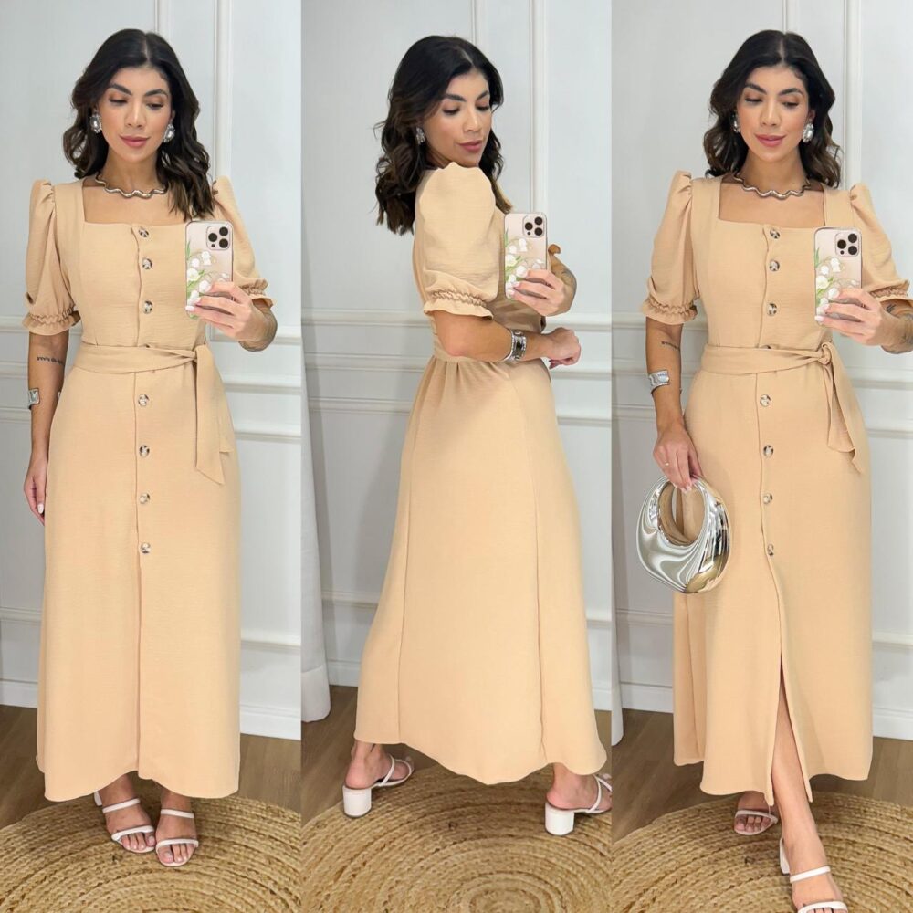Vestido Longo Liso com Botões e Cinto - Manga Bufante - Modelo Elegante com Elastex - IMAGEM m 2