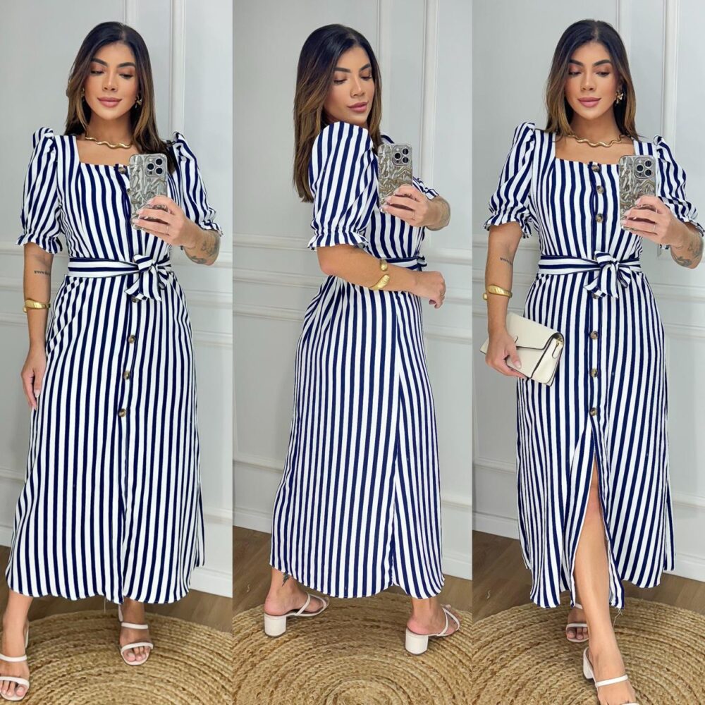 Vestido Longo Listrado com Botões e Cinto - Manga Bufante - Modelo Elegante com Elastex - IMAGEM m 3